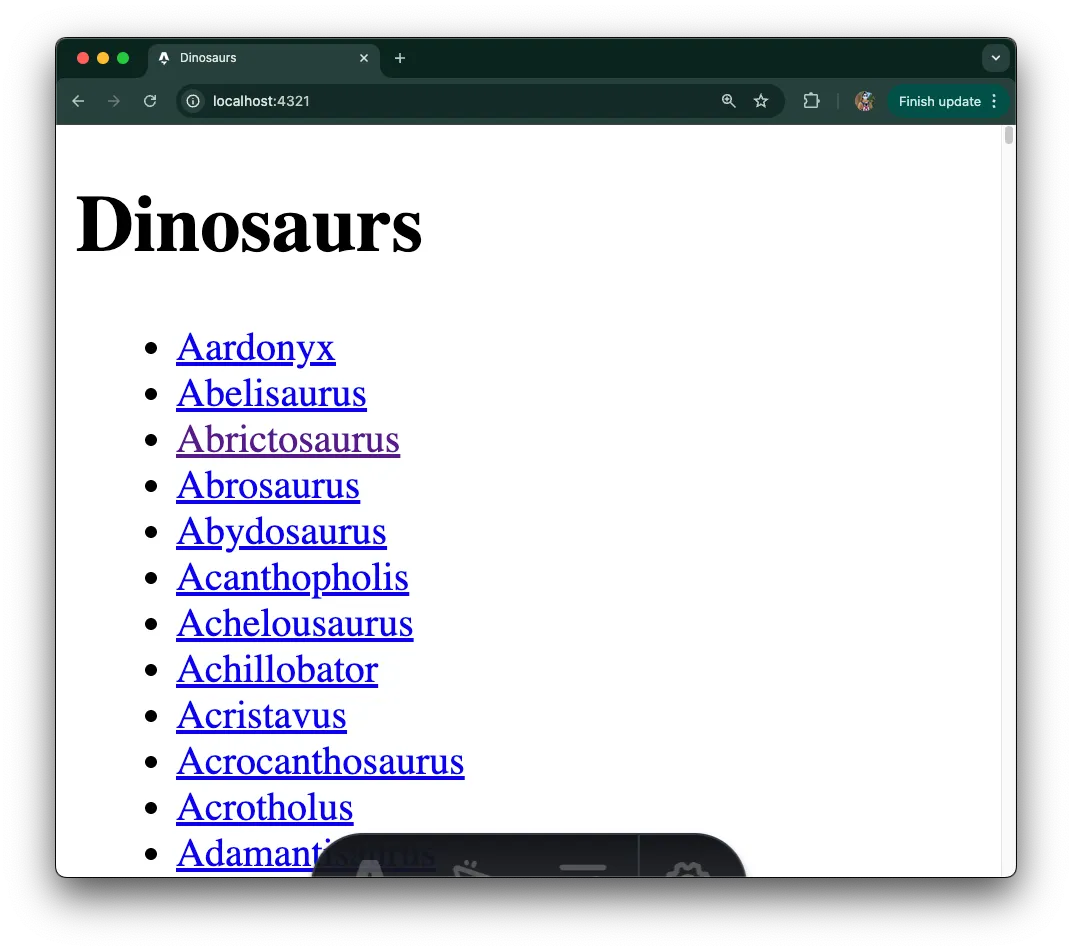 Index page that lists all dinosaurs